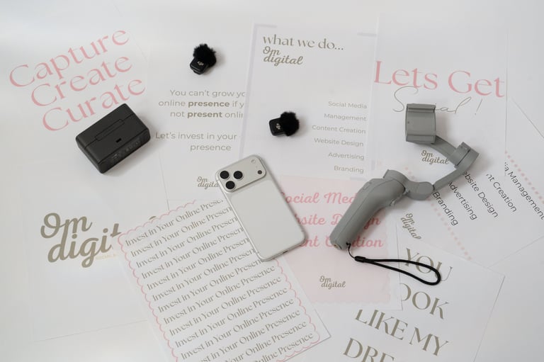 Flat lay of smartphone gimbal stabilizer, earbuds, and marketing materials with pink text on white background
