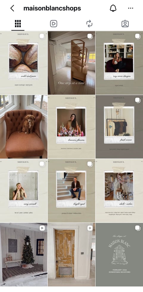 Instagram profile grid for maisonblancshops showing interior design and home decor posts featuring furniture, styling, and home accessories