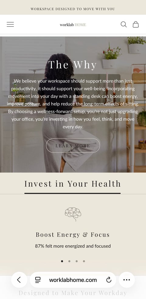 Worklab Home website showing standing desk with wellness messaging, stating 87% felt more energized and focused