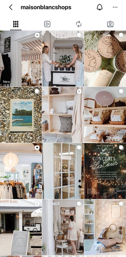 Instagram grid for maisoneblancshops showing home decor, retail storefronts, organized interiors, and lifestyle product photography