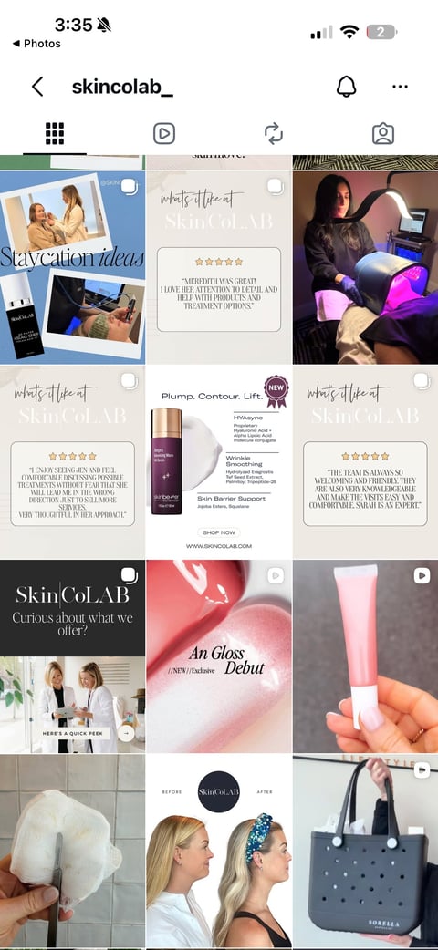 Instagram feed grid for skincolab showing product photos, skincare items, customer testimonials, and beauty product reviews