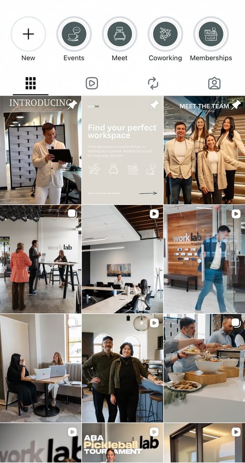 Mobile app interface showing coworking community features with navigation icons and grid of workspace photos featuring teams and office environments
