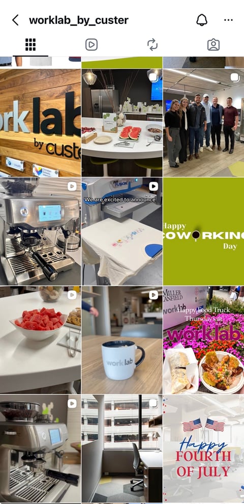Instagram feed grid showing worklab_by_custer office photos including signage, team members, workspace details, food, beverages, and event celebrations.