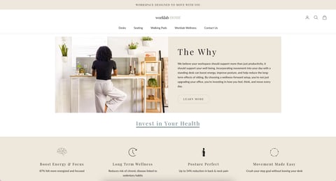 Woman from behind looking at shelves with plants and decorative items next to The Why section introducing wellness brand mission