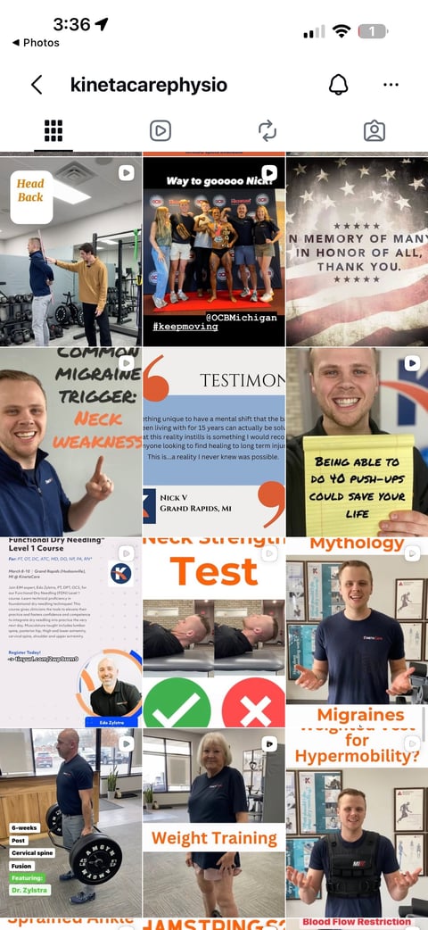 Instagram profile grid for kinetacarephysio showing multiple posts about physical therapy exercises, neck pain, migraines, and rehabilitation techniques