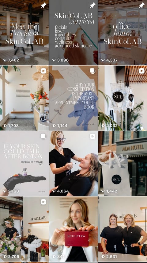 Grid of 12 Instagram-style posts for SkinCoLAB showing skincare services, office, staff, and client testimonials