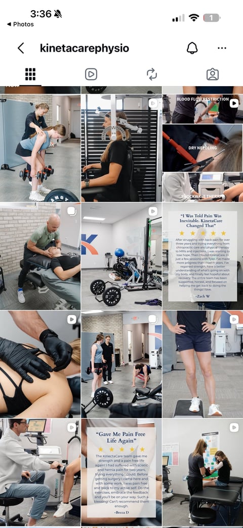 Instagram grid from kineticarephysio showing various physical therapy and rehabilitation treatment sessions with patients and practitioners